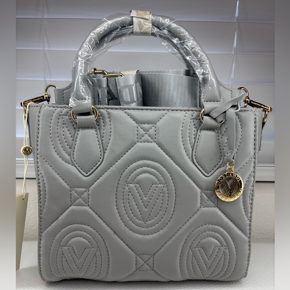 Valentino Orlandi Light Grey Quilted Vegan Leather Mini Tote/Crossbody Bag